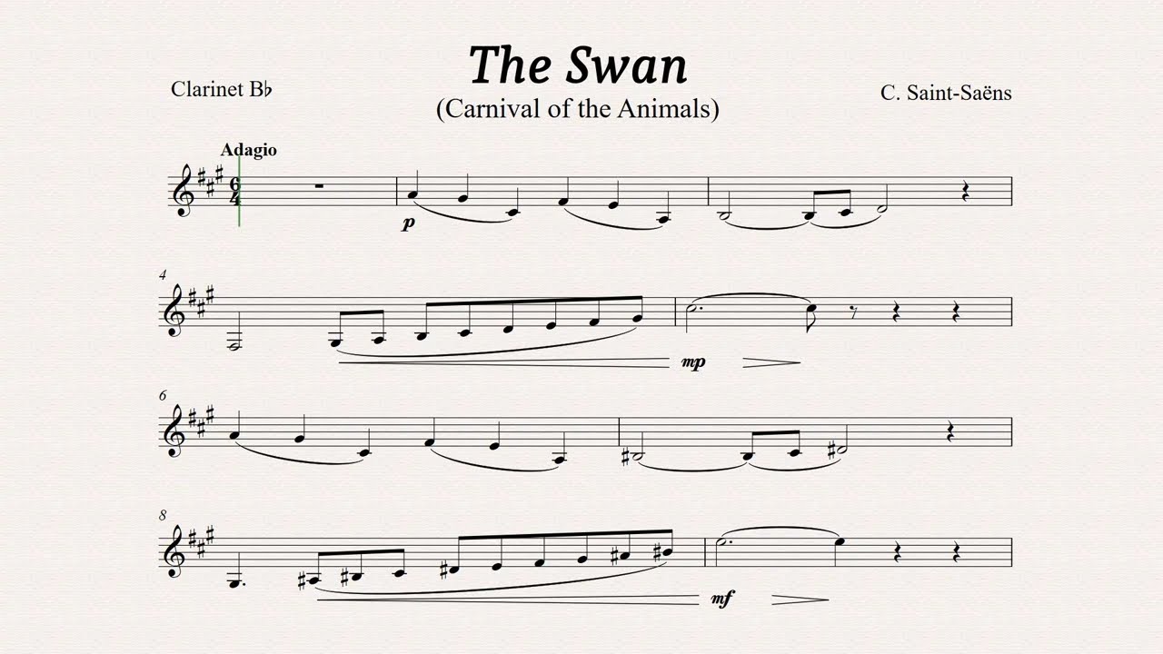 Clarinet Playalong Saint Saëns The Swan (Le Cygne) Bb Clarinet Sheet music with Piano accompaniment