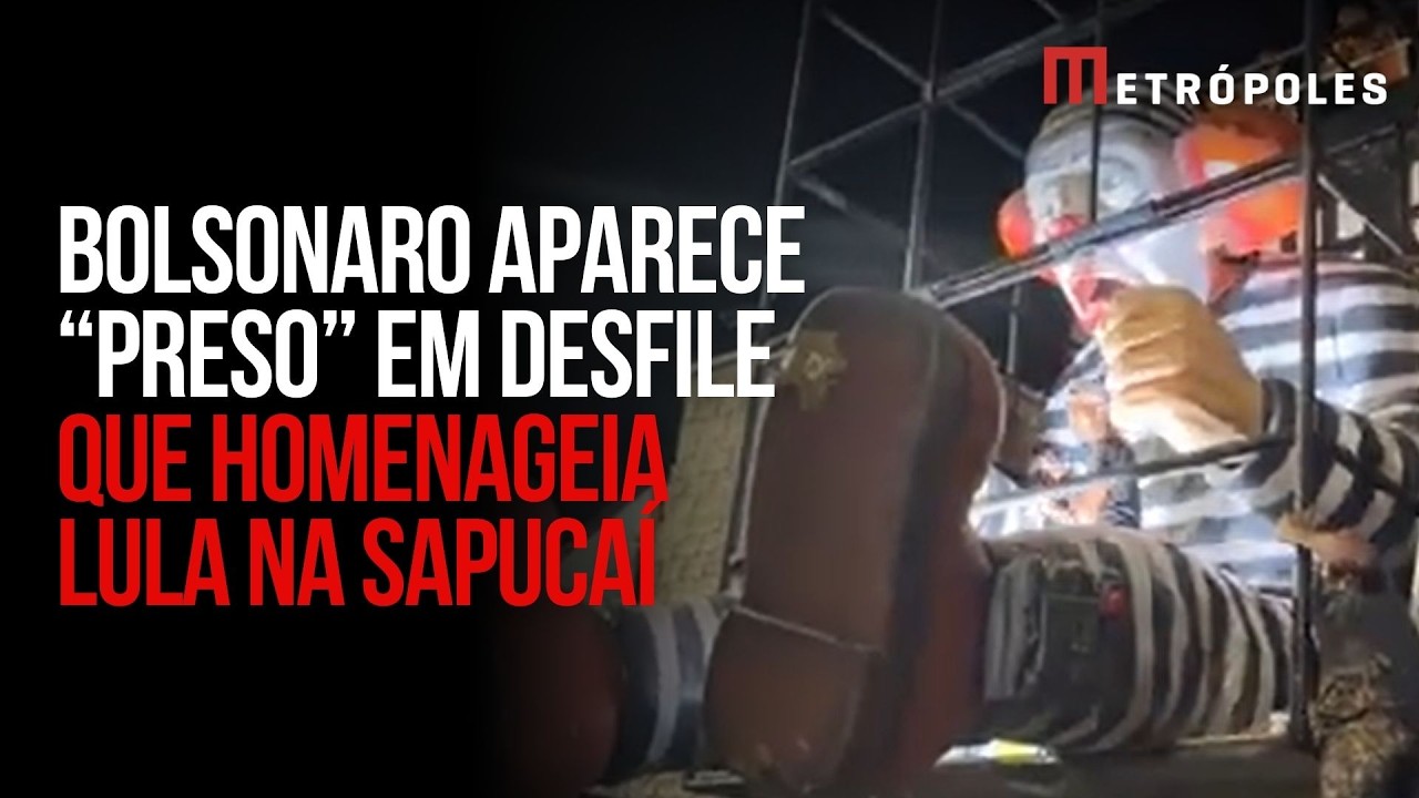 Escola de samba leva Bolsonaro preso e Lula gigante para homenagem ao petista na Sapuca&iacute;