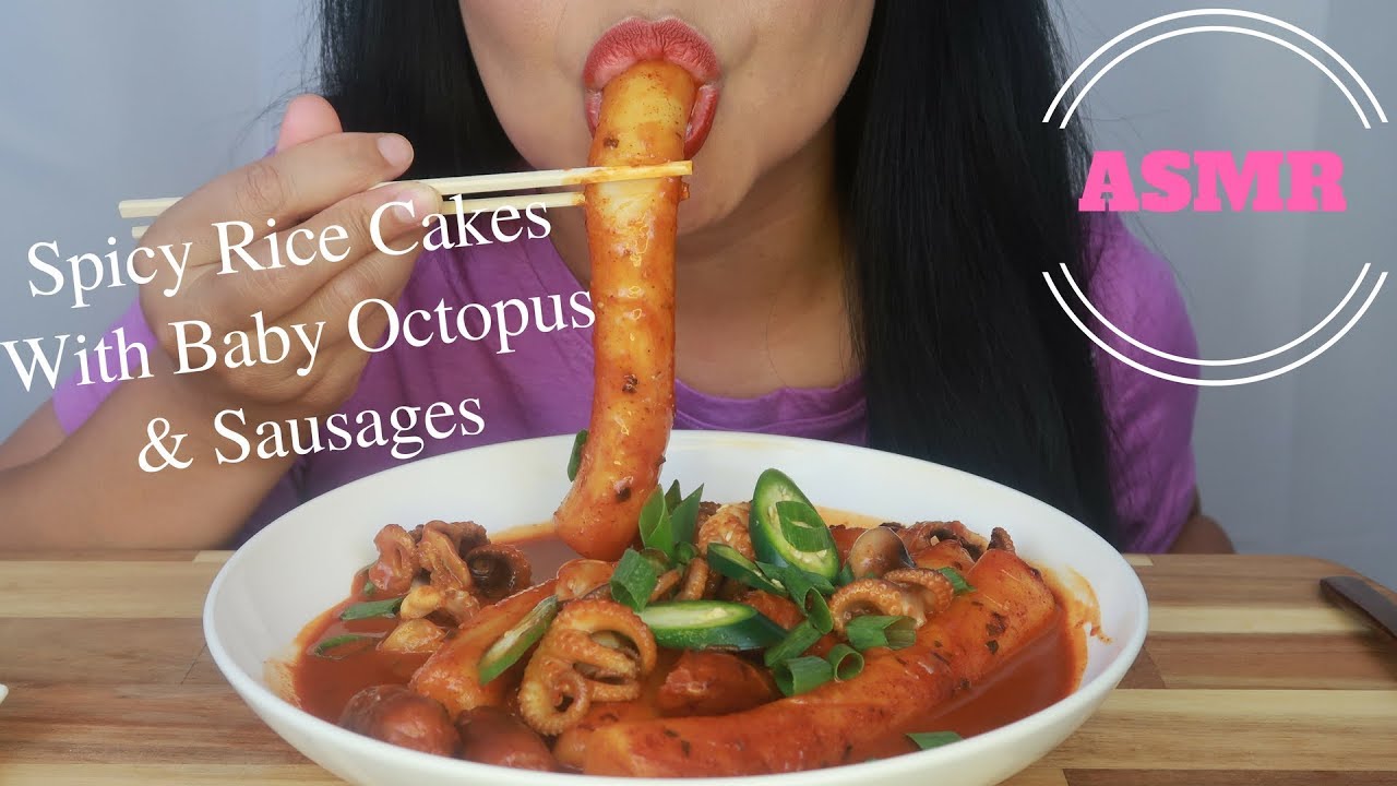 ASMR - Spicy Rice Cakes With Baby Octopus & Sausages Chewy Eating Sounds (No Talking)