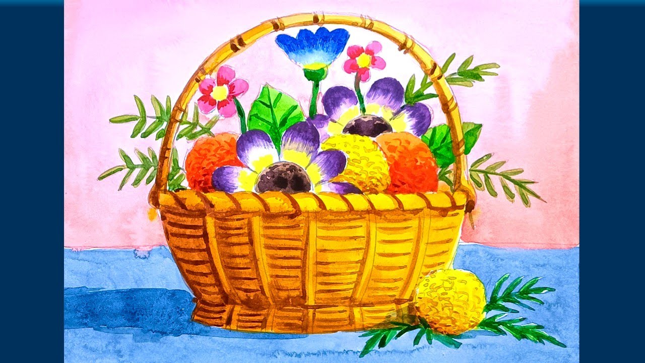 Flower basket drawing with flowers step by step with watercolour/Flower basket drawing easy