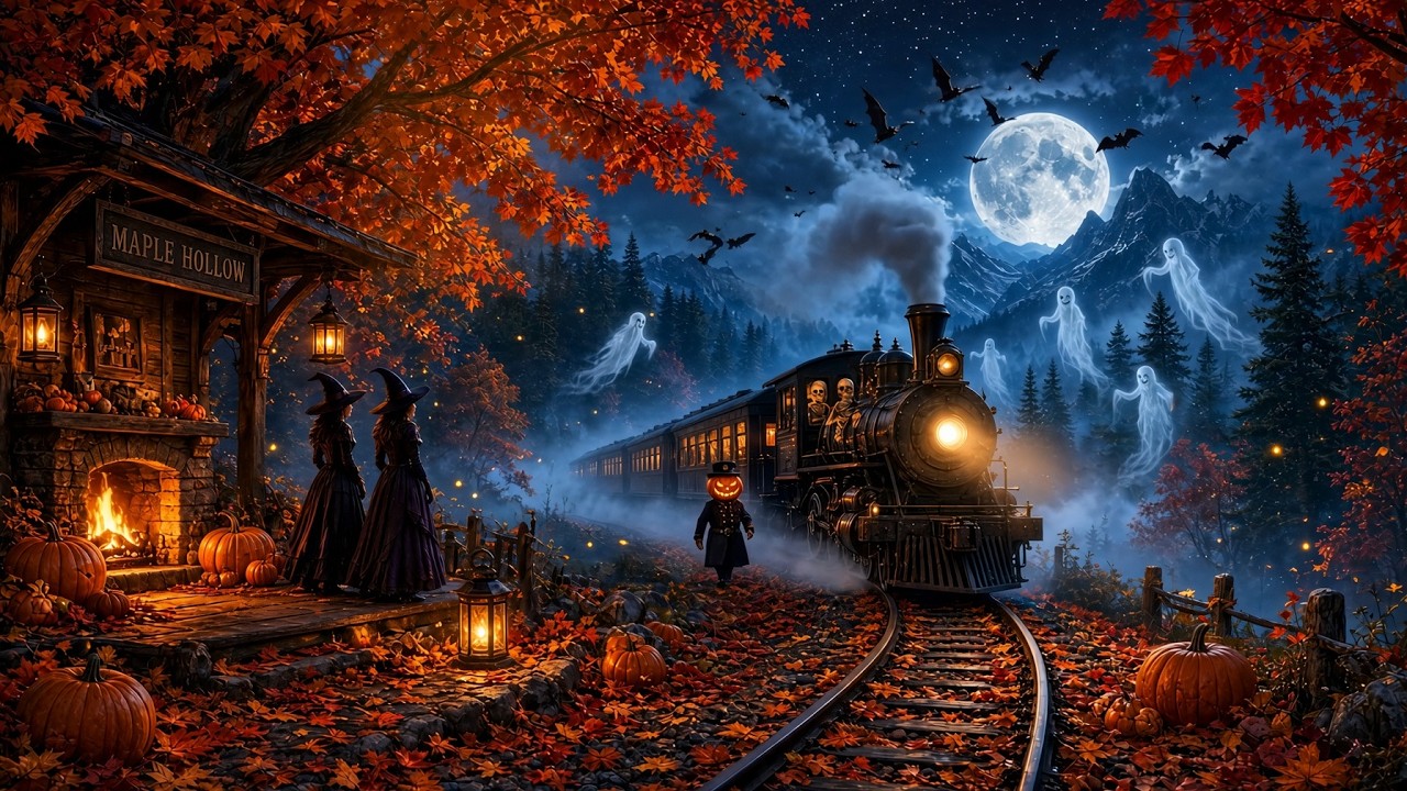 Relaxing Halloween Ambience Music 2026 🎃 Cozy Night in a Spooky Pumpkin Station 👻 Haunted Sounds