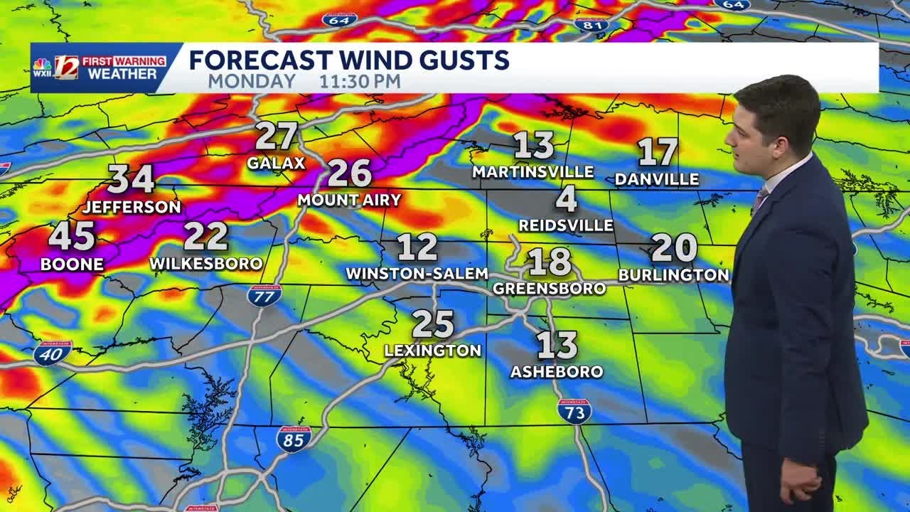 Cool and cloudy Sunday, strong front brings gusty winds and colder air Monday