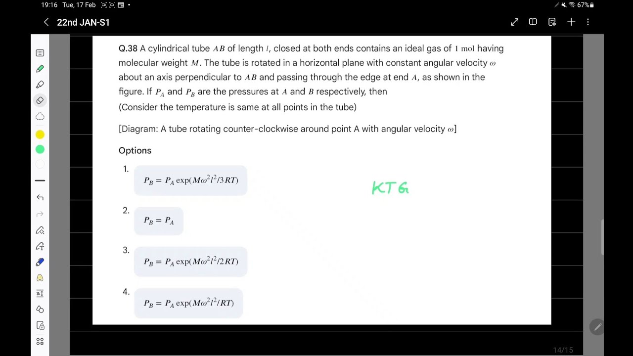 JEE Mains 2026 Physics Solution | 22nd Jan Shift 1 | Q38 KTG: Rotating Gas Tube Pressure