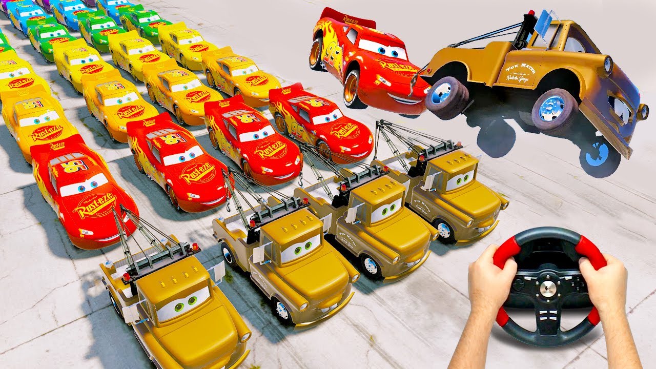 A lot of fun with Mater Tow Trucks: transportation of numerous Lightning McQueen Cars, jumping ramps