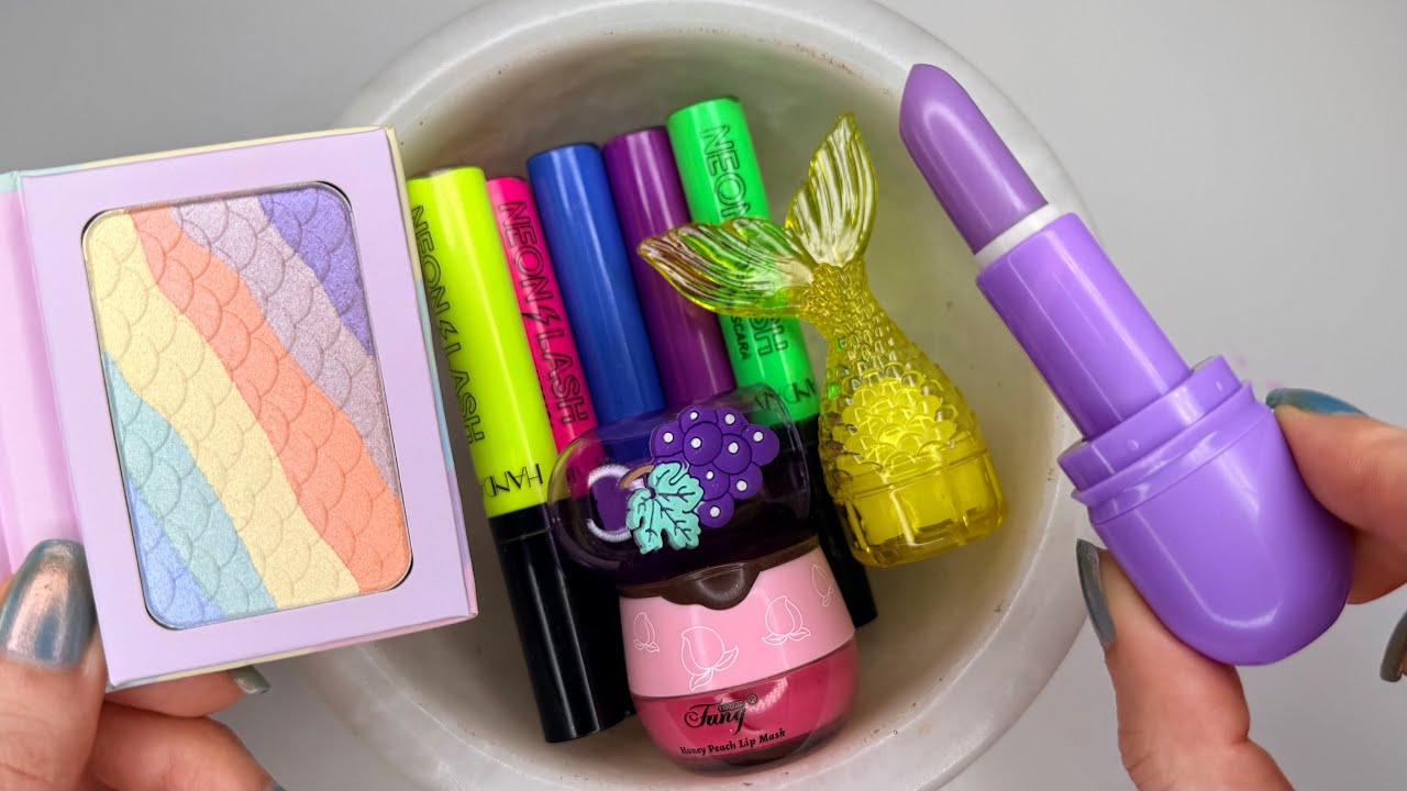 Coloring Slime Cute🧜🏻‍♀️🍇🍯Glitter💙💚💛🩷💜 Lipstick💄Lip Balm & Eyeshadow! ASMR & Satisfying Makeup Slime