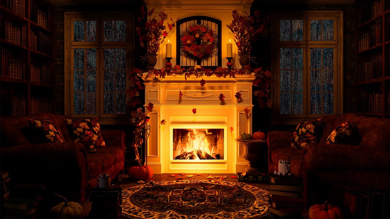 Cozy Autumn Fireplace & Rain on Window | Crackling Fire, Crinkles, Fall Rain