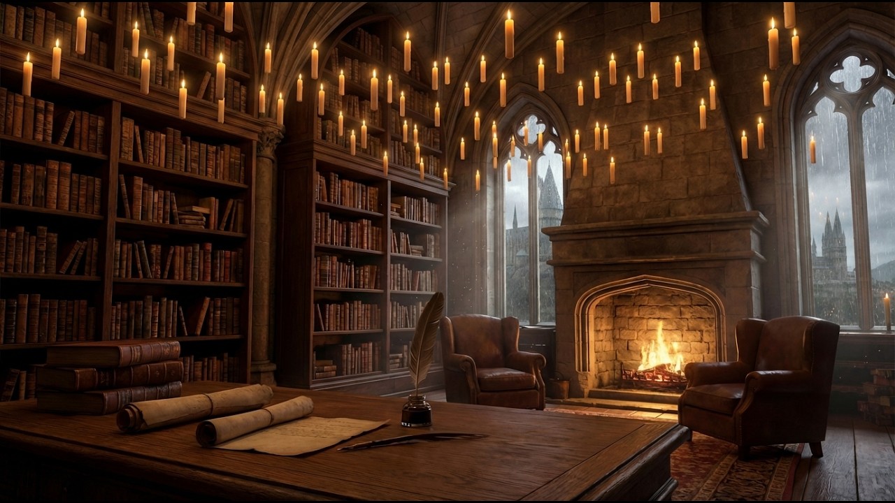 Magical Library with Floating Candles ✨🕯️ | Rainy Castle Fireplace Ambience 4K | 2 Hours