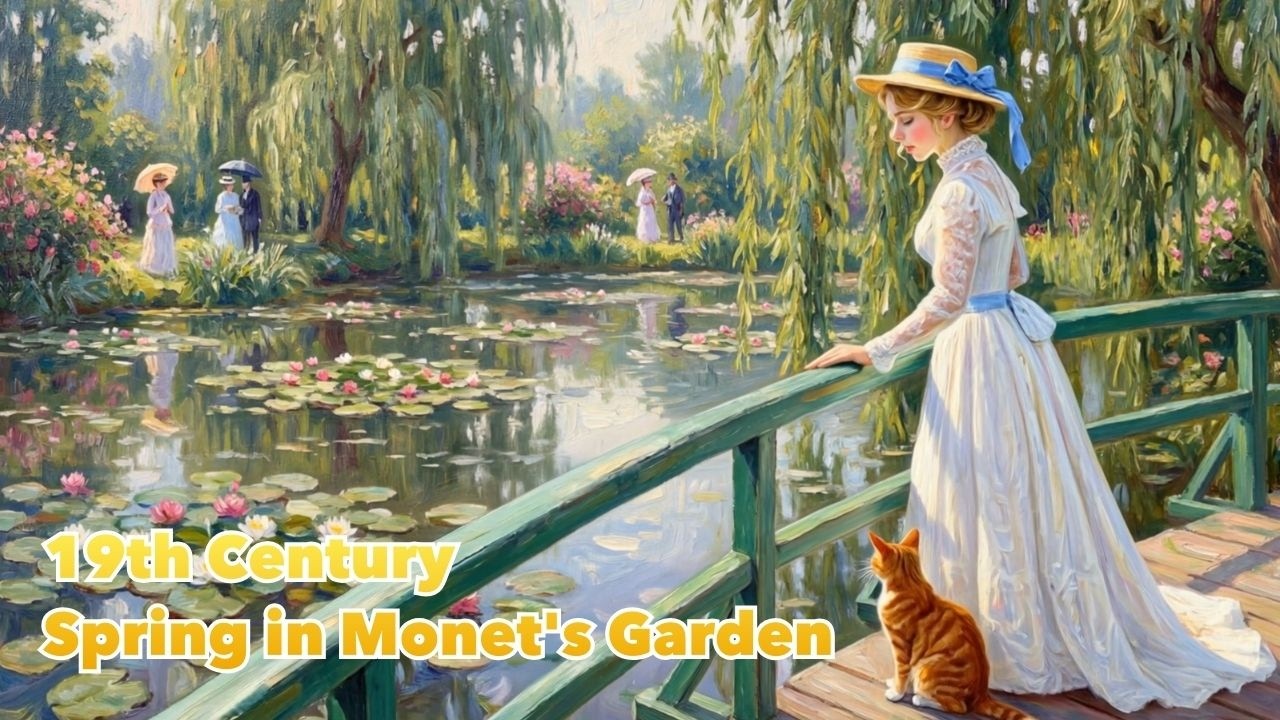 Весенний пикник с кошкой в саду 19 века 🌸 Масляная живопись в стиле Клода Моне