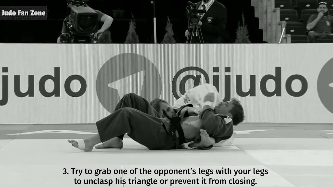 Defense against sankaku jime and sankaku gatame (yoko-sankaku variation)
