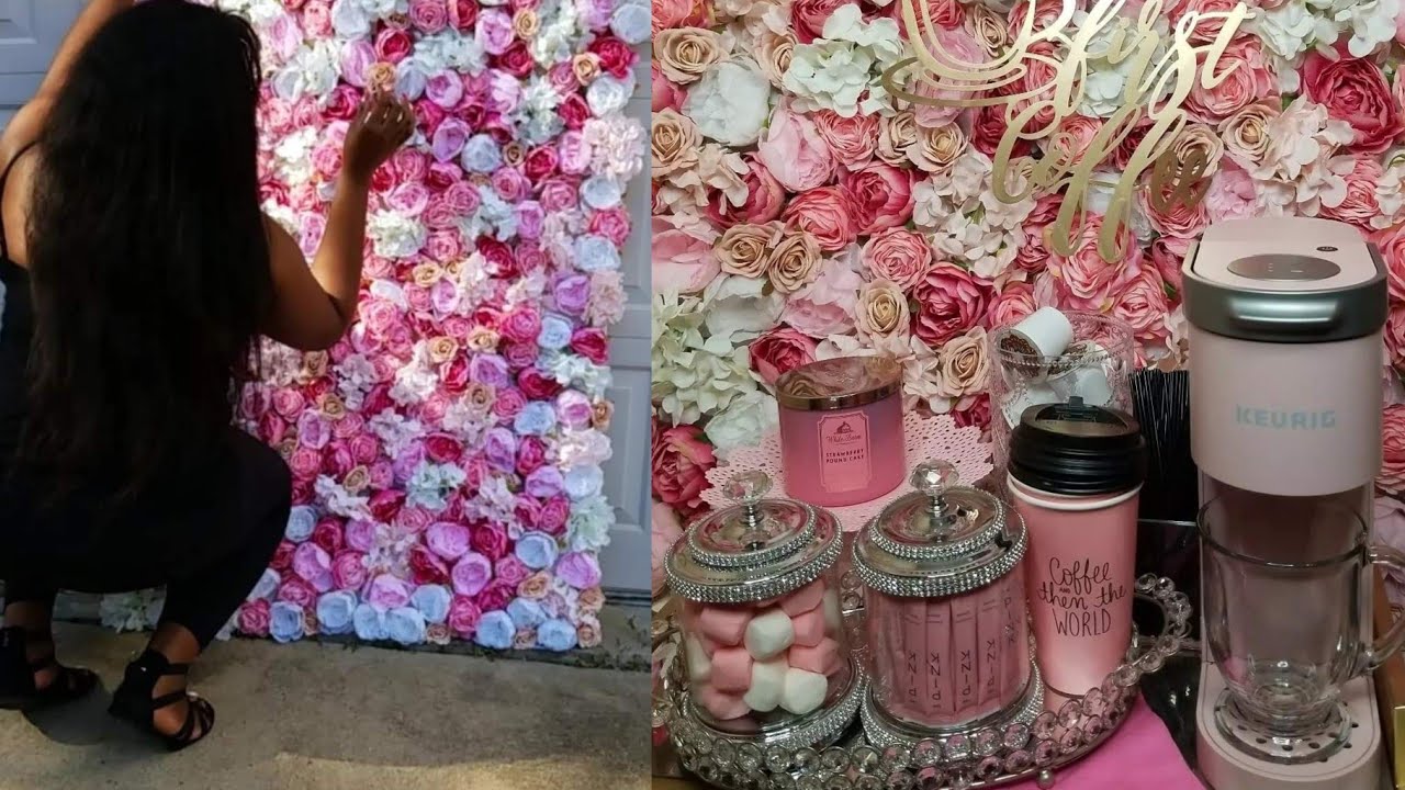 Making a flower wall for my pink home coffee bar. | VERY girly & affordable | #dollartreediy 🎀🌸