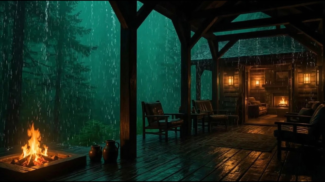 3 Hours of Heavy Rain Sounds on a Cabin Porch at Night for Deep Sleep and Relaxation