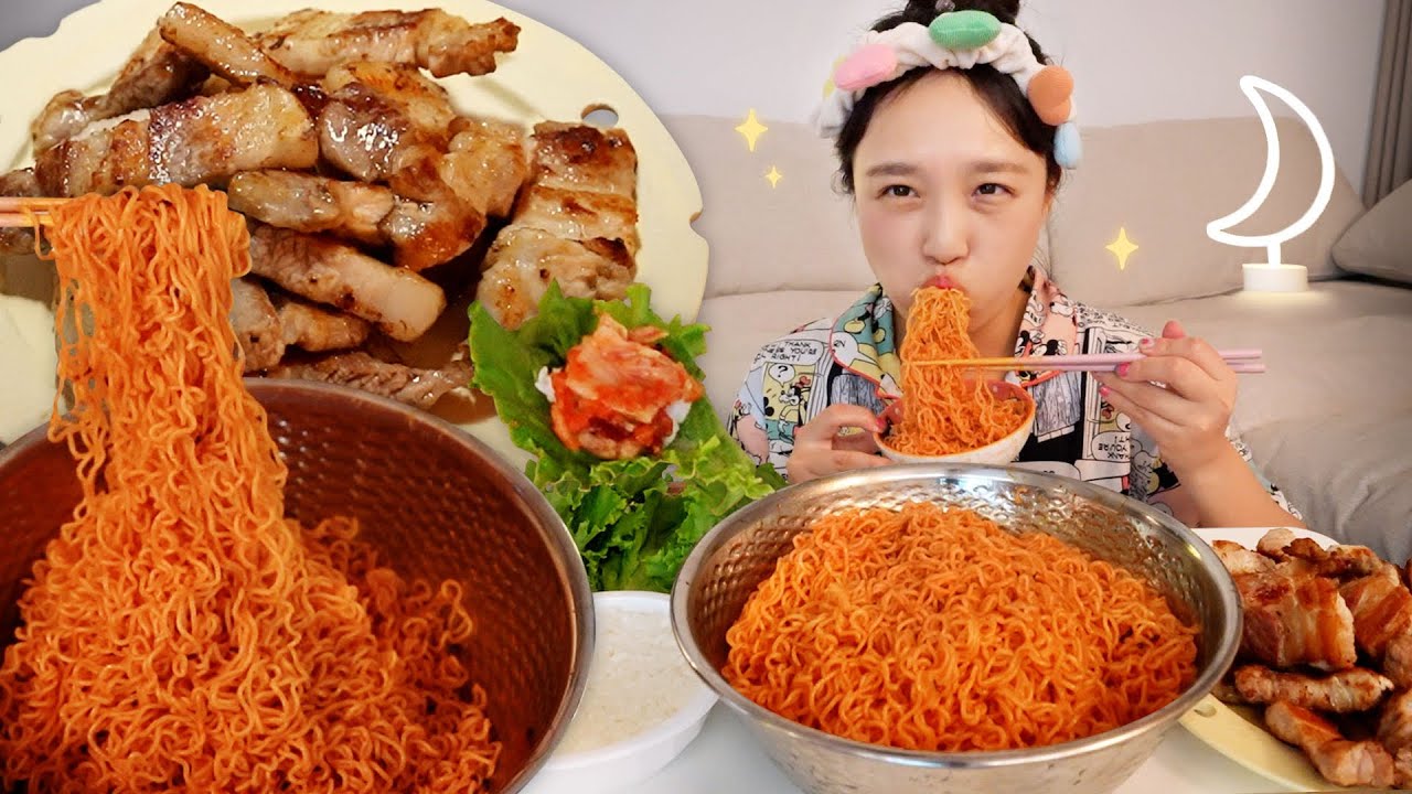 🌝✨야식으로 삼겹살 팔도비빔면 먹방 [달밤의나도] 총몇명님 영상보고 도저히 참을 수가 없었다고 한다🤦‍♀️REALSOUND MUKBANG :D