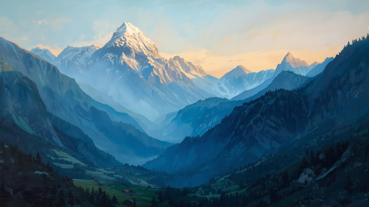 Blue Mountain Valley Landscape At Dusk Vintage Painting | Frame TV Art | 2-Hour Screensaver