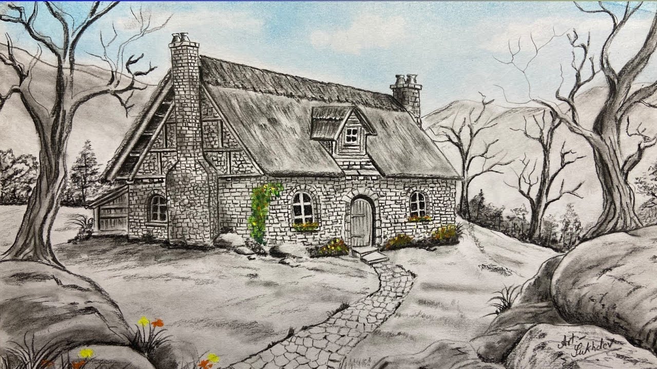 Realistic stony House Drawing with Charcoal Pencil | How to draw a Stony House | Landscape Art |