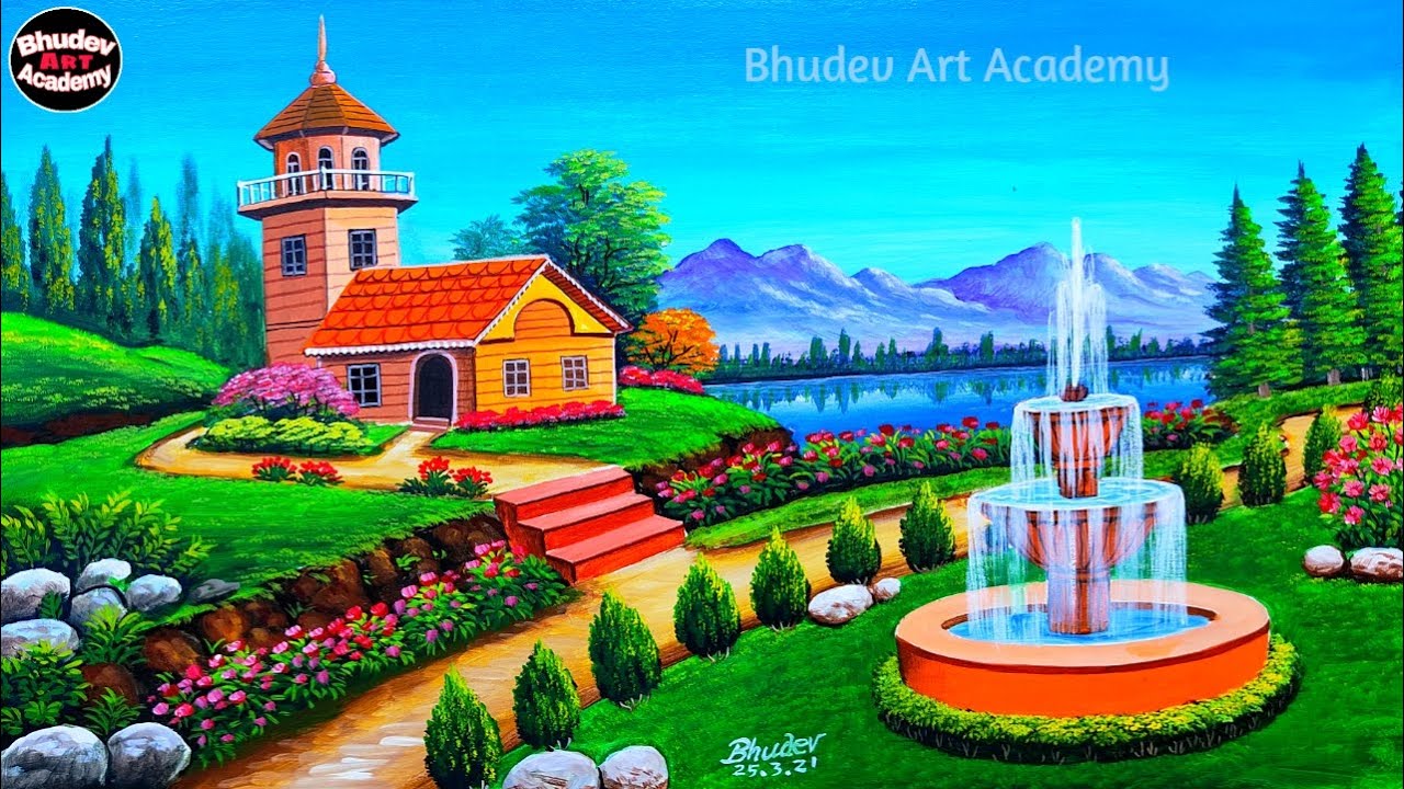 Beautiful Indian Mountain Village Scenery Painting|MountainScenery With Fountain With Acrylic Colour