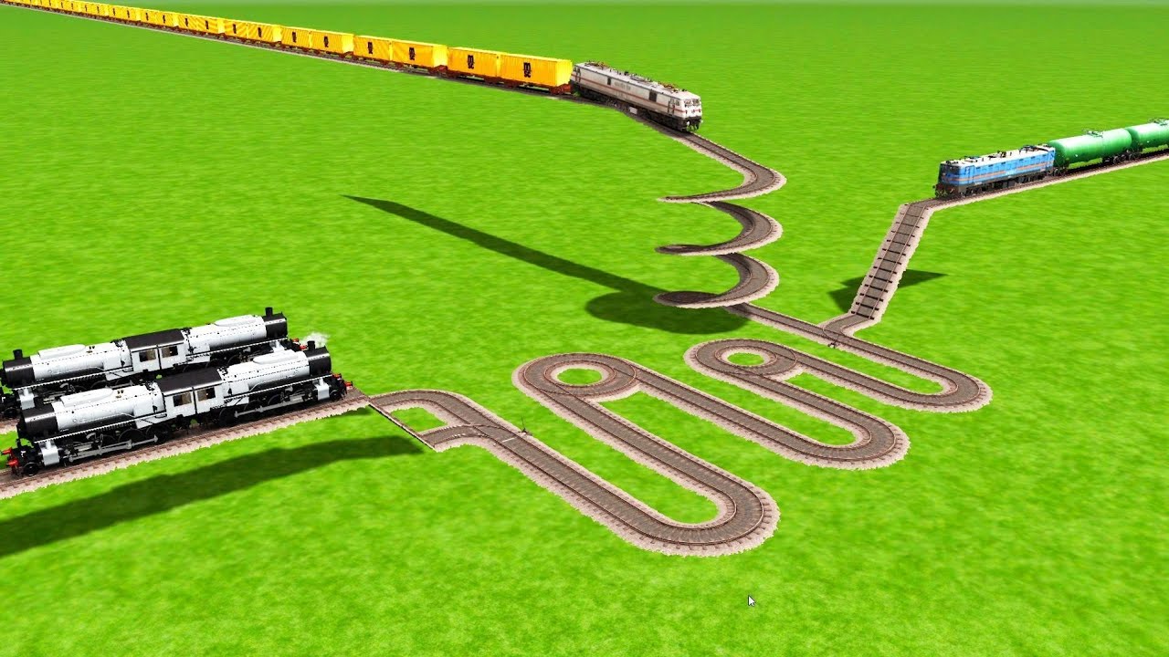 4 STEAM TRAINS COUPLING CROSSIN AT CURVED SNAKE ROUND CIRCLES TRACKS | Beamng Drive//train simulator