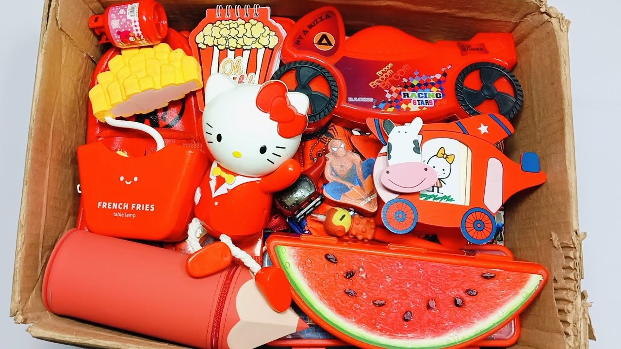 Cute red colour stationery items- pencil box, eraser sharpener, pencil case, stationery items 
