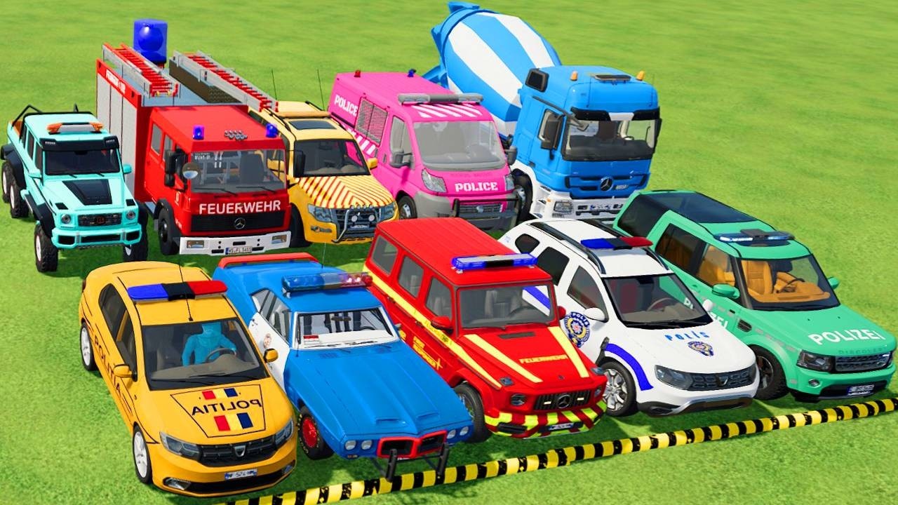 TRANSPORTING POLICE CARS, AMBULANCE, FIRE TRUCK, COLORFUL CARS WITH TRUCK  -FARMING SIMULATOR 22!