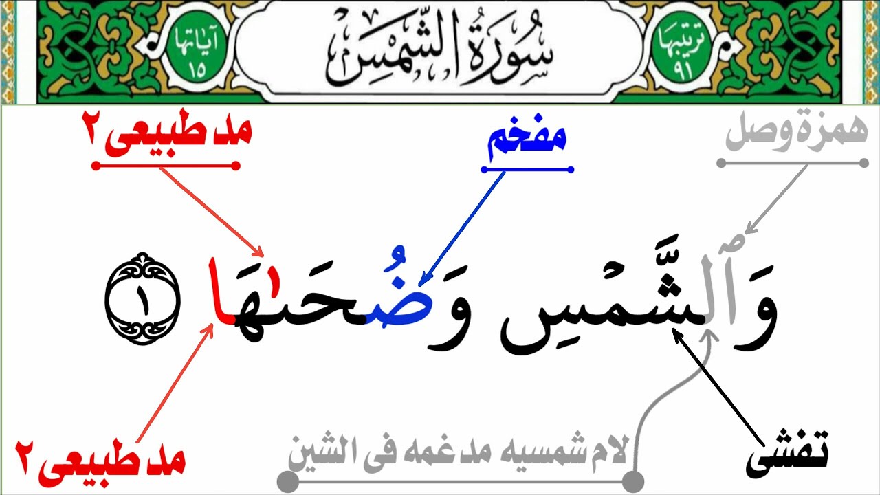 أستخراج أحكام التجويد من سورة الشمس جزء عم من(والشمس وضحاها)إلى(فألهمها فجورها وتقواها)