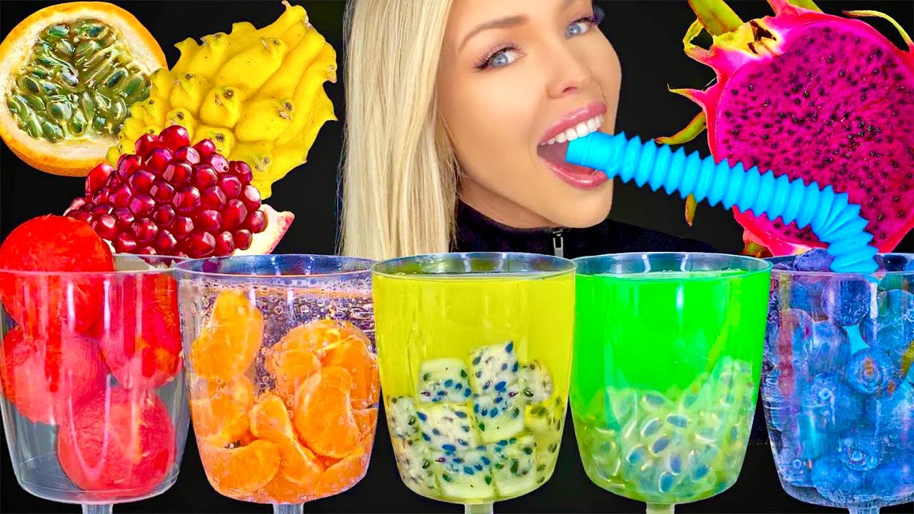 ASMR EXOTIC FRUIT DRINKS, YELLOW DRAGON FRUIT, POMEGRANATE, GRANADILLA FRUIT, WATERMELON MUKBANG 먹방
