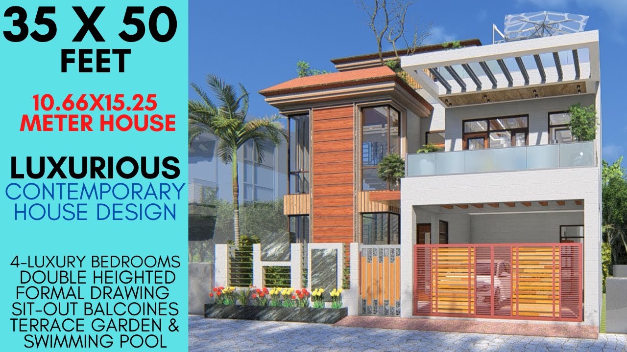 35X50 Feet, 1750 Sqft Contemporary Modern House with Swimming Pool, Barbeque & Party Area | ID-069