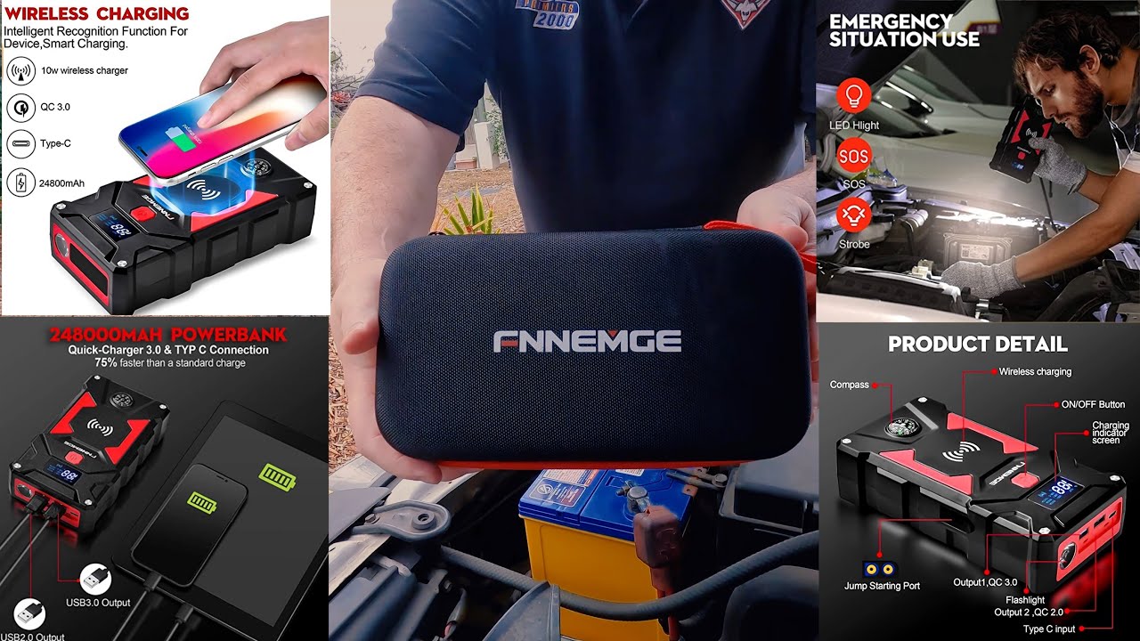 FNNEMGE Car Jump Starter 2500A Peak 24800mAh 12V Super Safe Jump Starter