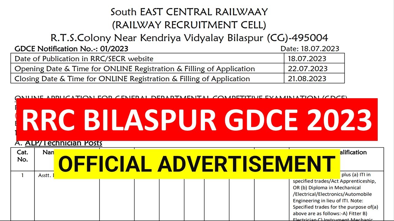 RAILWAY GDCE OFFICIAL ADVERTISEMENT | SOUTH EAST CENTRAL RAILWAY BILASPUR