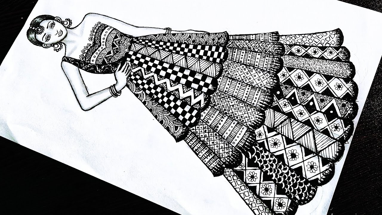 Girl with beautiful dress drawing/Mandala art/Traditional girl drawing/Girl drawing/fashion design