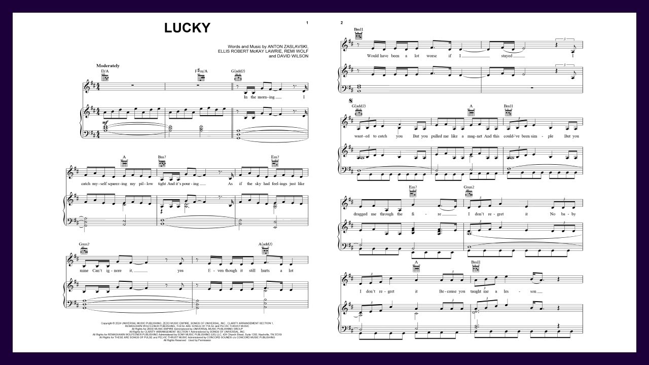 Lucky (feat. Remi Wolf) by Zedd | Piano, Vocal & Guitar