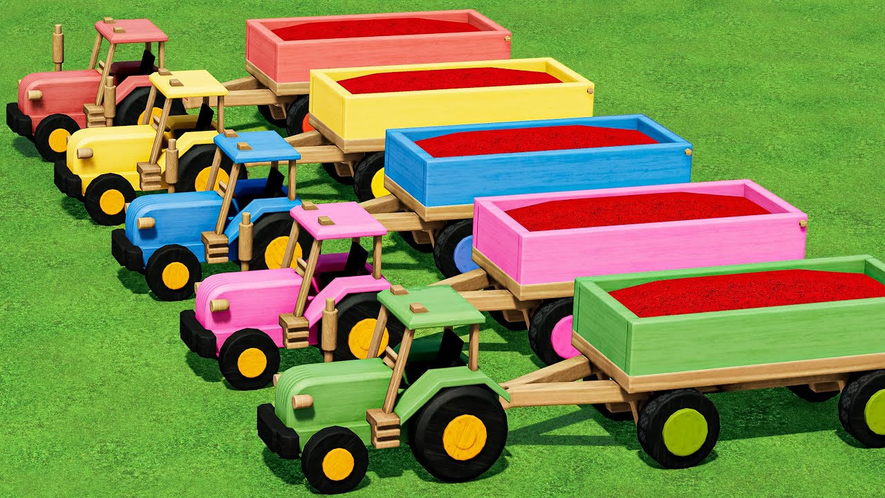 Tiny Tractor with Colors! RED Sunflower LOAD & SELL with Mini WOOD TRACTORs - Farming Simulator