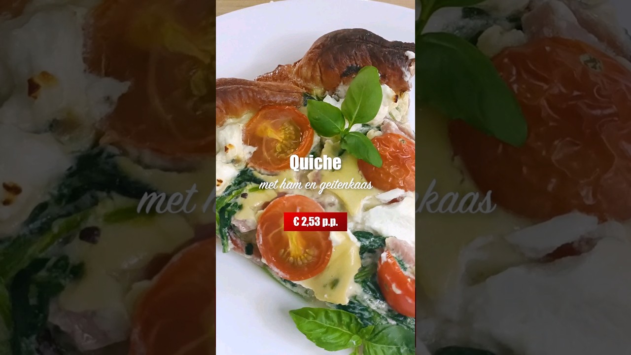 Quiche met geitenkaas, ham, kerstomaatjes en spinazie voor &euro;2,53 pp #cheese #quiche #food #cooking