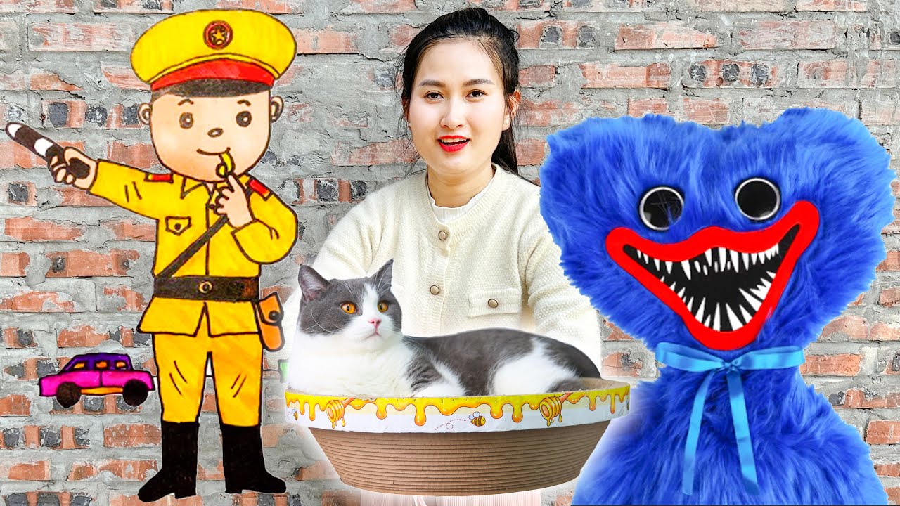 Cam Cam lái xe máy xúc gặp chú công an và bài học an toàn giao thông, tìm kiếm mèo con bị mất cắp