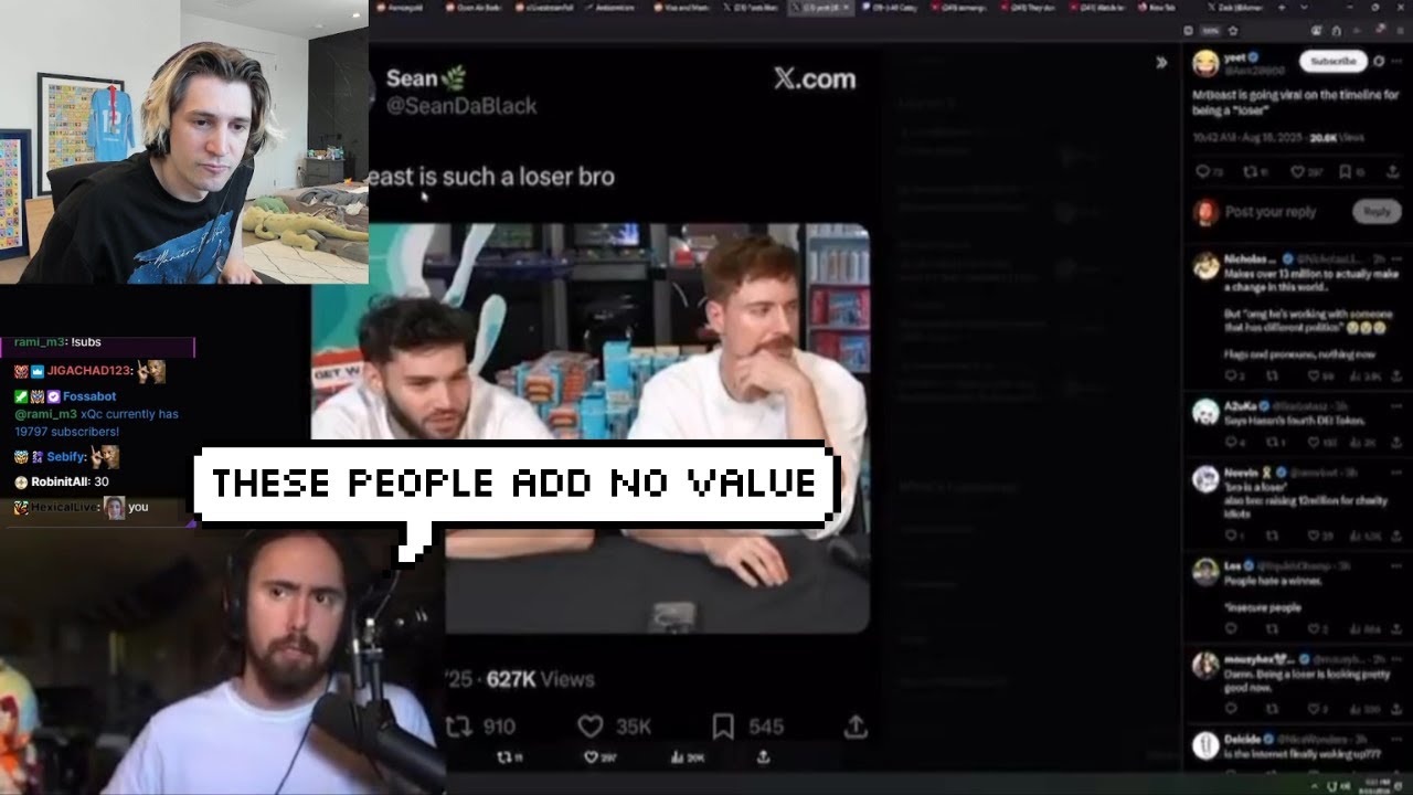 xQc Reacts to Asmongold Responding to Twitter Calling MrBeast a 