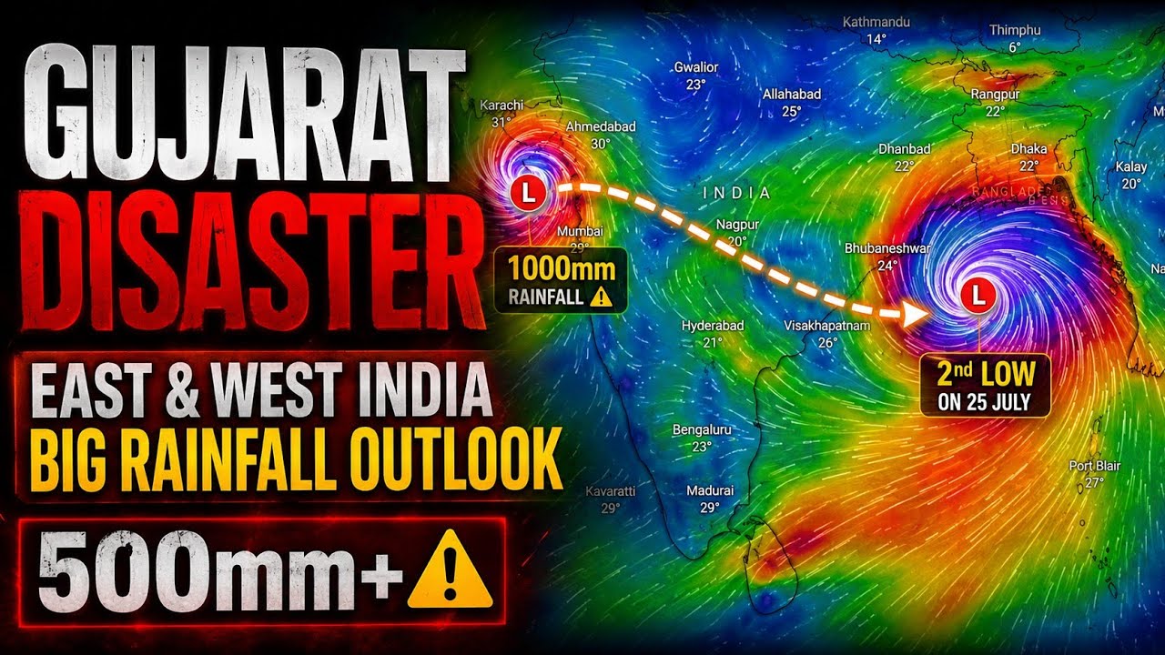Gujarat Doob Raha Hai! 1000mm Barish⚠️ Ab Naya Khatra - Second Low Pressure On 25 July, Full Info