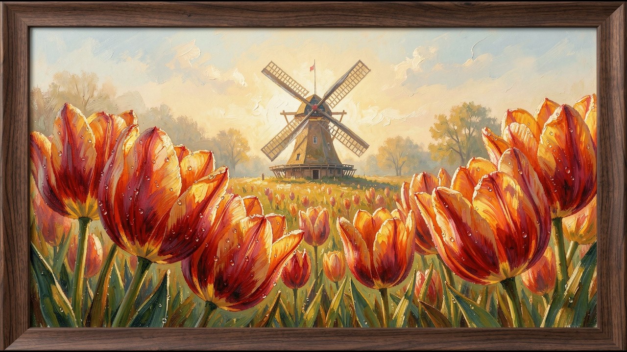 Close-up tulip field with Dutch windmill, impasto oil painting frame tv art 4k with music