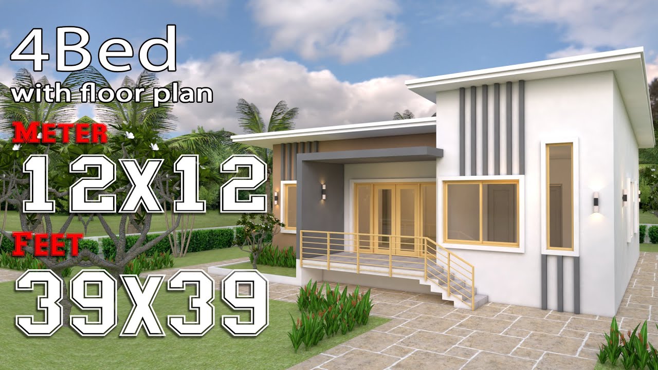 Simple House Design 12x12 Meter Shed Roof 39x39 Feet Full Plans