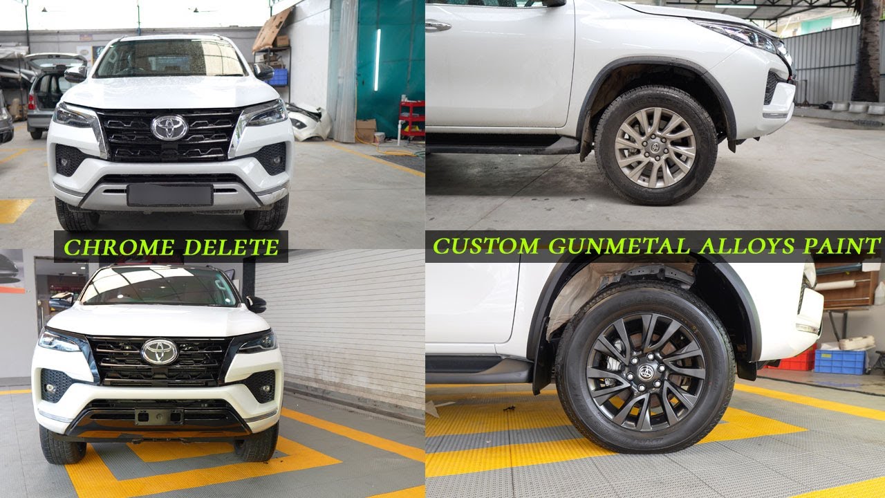 De-chroming Done in Toyota Fortuner Chrome Delete with Black Roof With Custom Gunmetal Alloys Paint