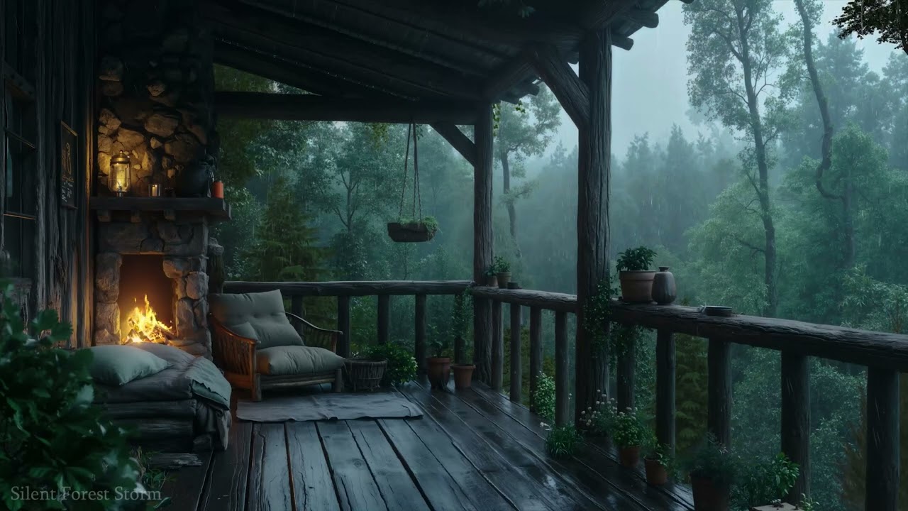 Deep Sleep with Gentle Rain 🌧️ Cabin Fireplace Ambience for Relaxation & Meditation