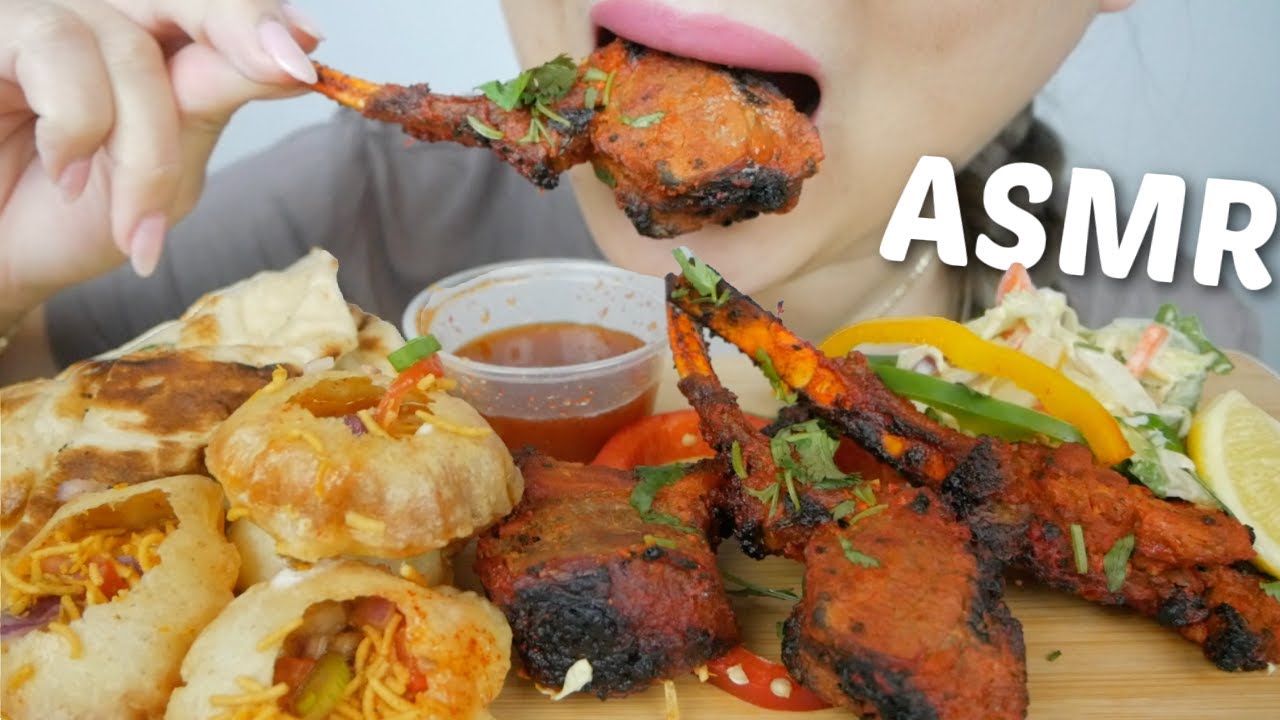 ASMR Indian FOOD *Lamb Chops, Sev Puri & Naan Bread NO Talking Eating Sounds | N.E Let's Eat