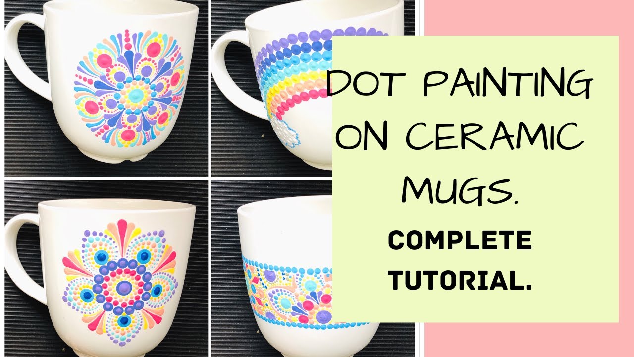 Rainbow dot painting on ceramic cups. How to seal the dot painted cups. Dot painting for beginners