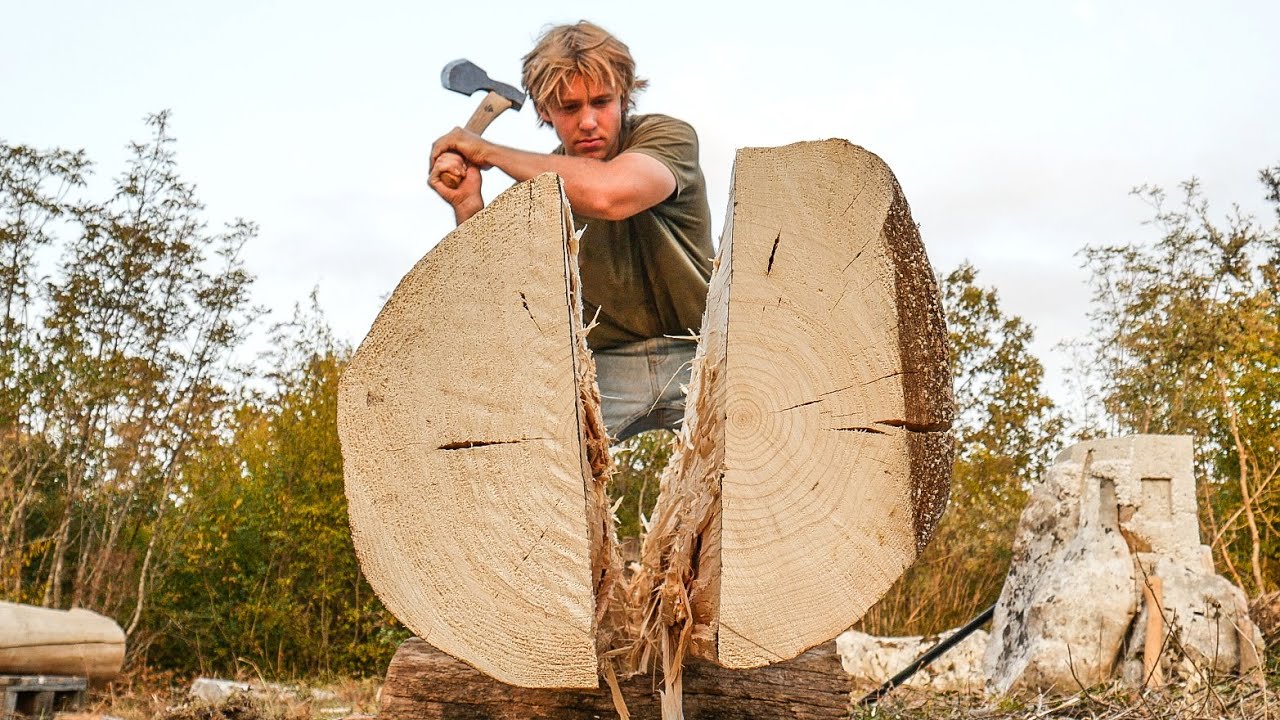How to Split a Log in Half Only With Axe Without Sawmill - The Primitive Way
