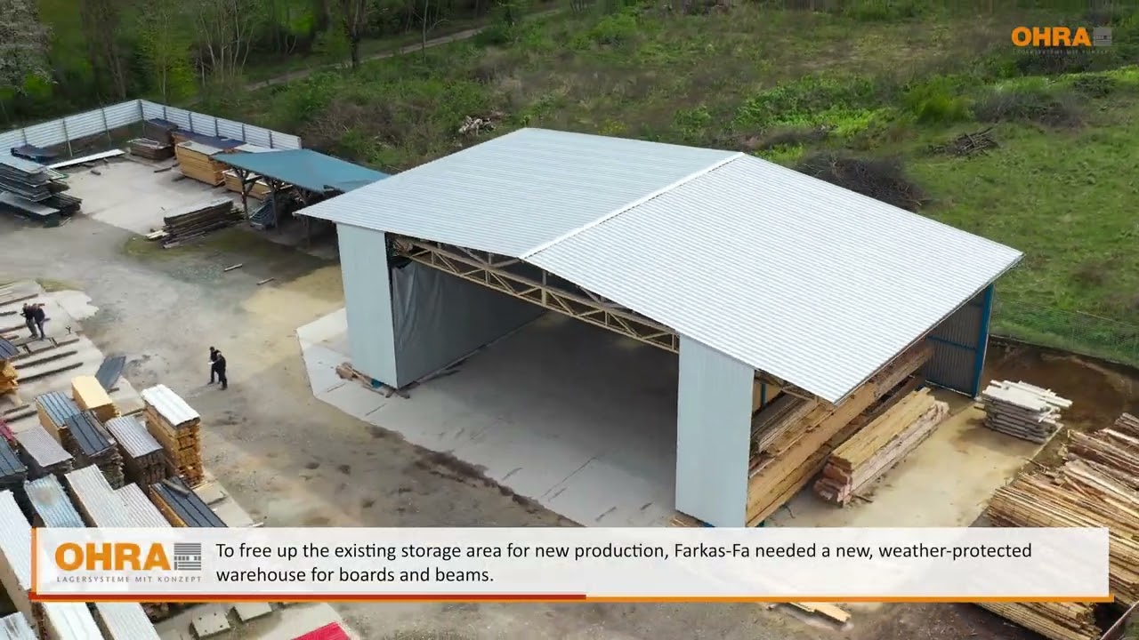 Rack-clad warehouses for weather-protected timber storage