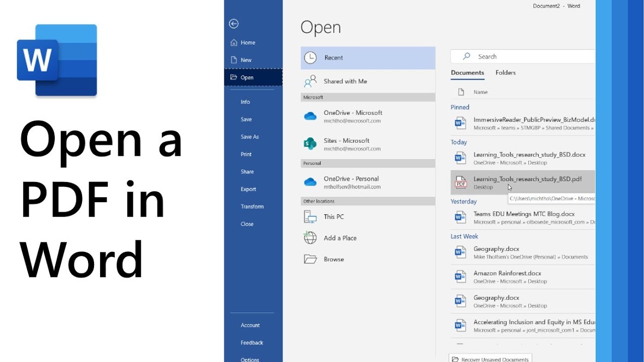 Как открыть PDF-файл в Microsoft Word, а затем использовать Immersive Reader или Translate
