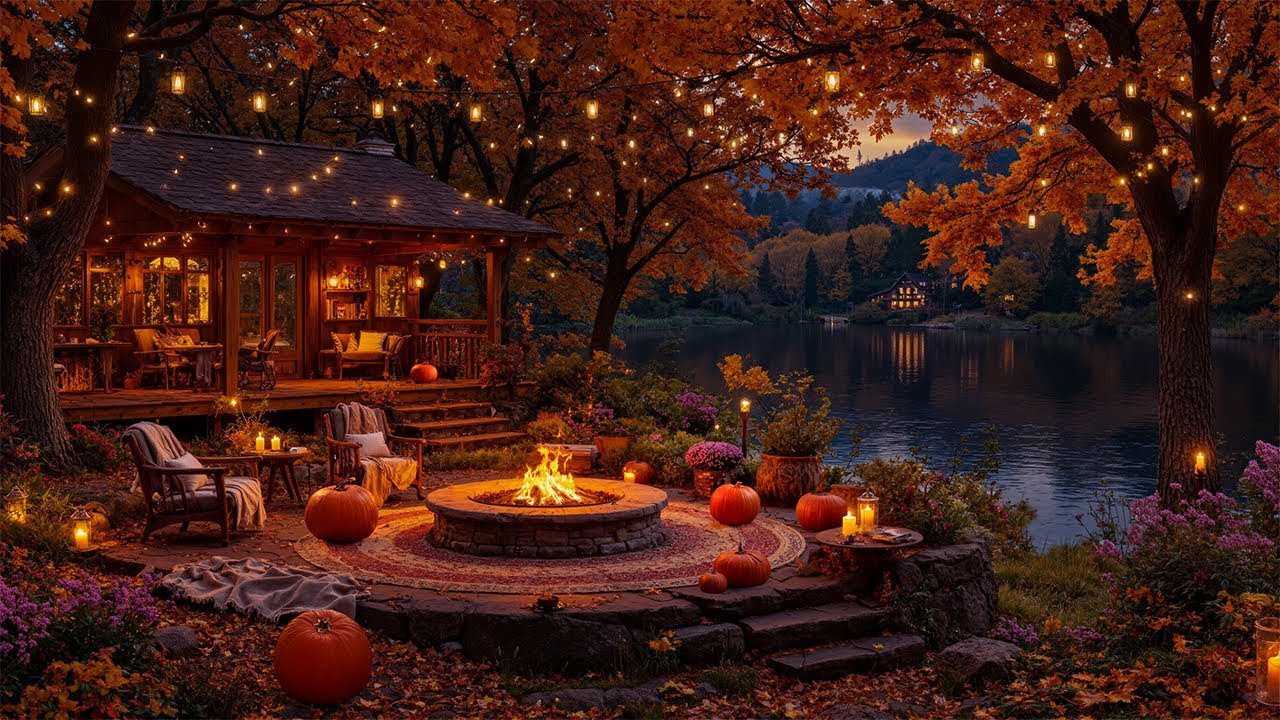 Cozy Lakeside Cabin in Fall 🍂 Fireplace Crackle, Relaxing Jazz & Serene Ambience for Evenings