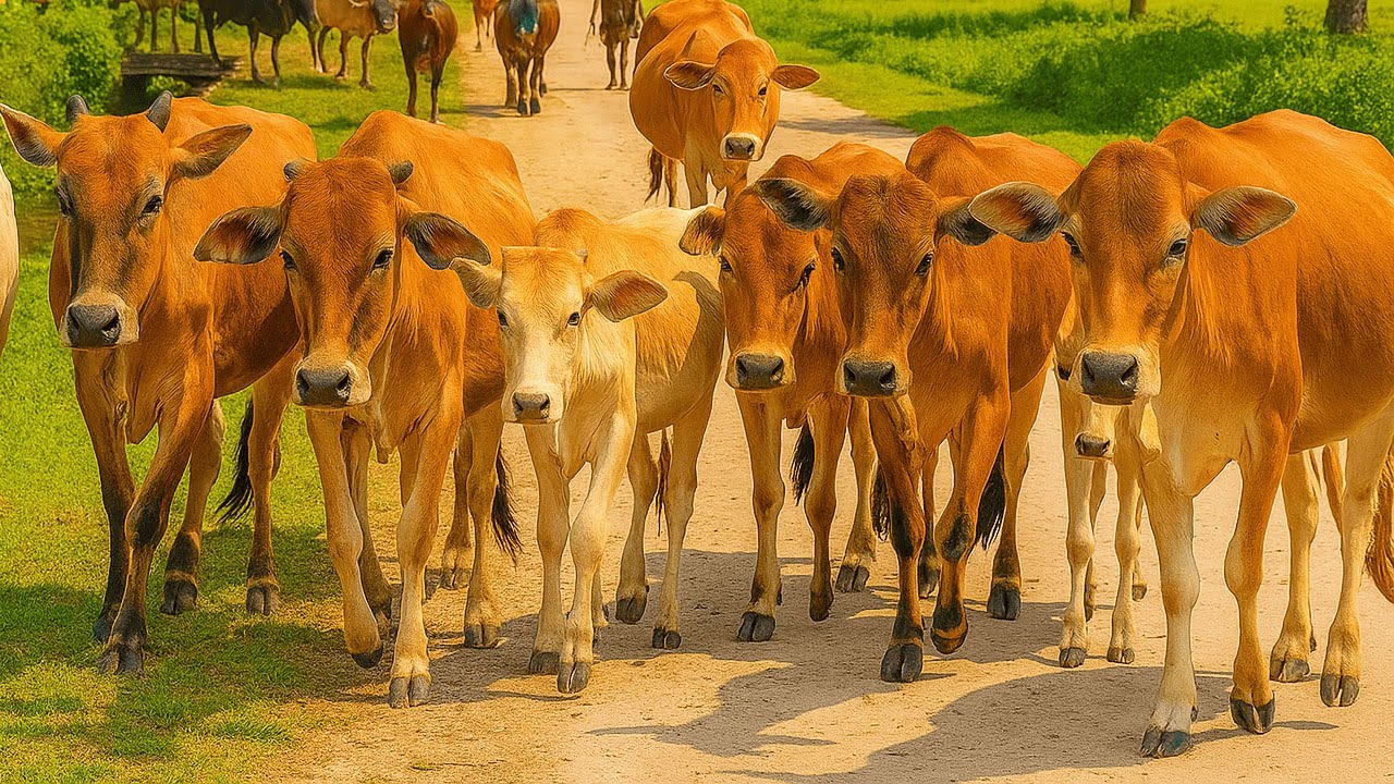 Puluhan sapi lembu jinak berkerumunan dengan semangat berjalan menuju kandang, Suara Moo