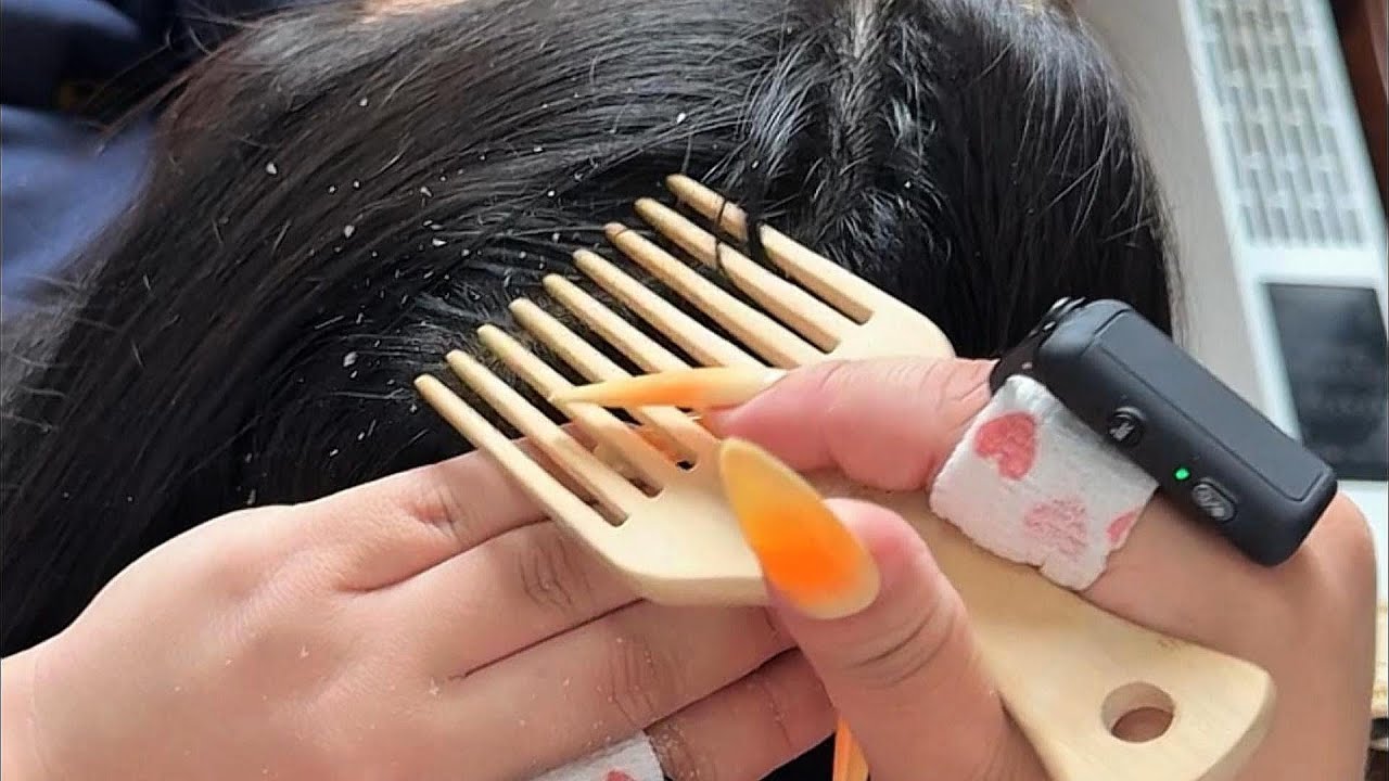 No Talking ASMR Scalp: Wide‑Tooth Comb Scraping Flakes, Nit Comb Detailing