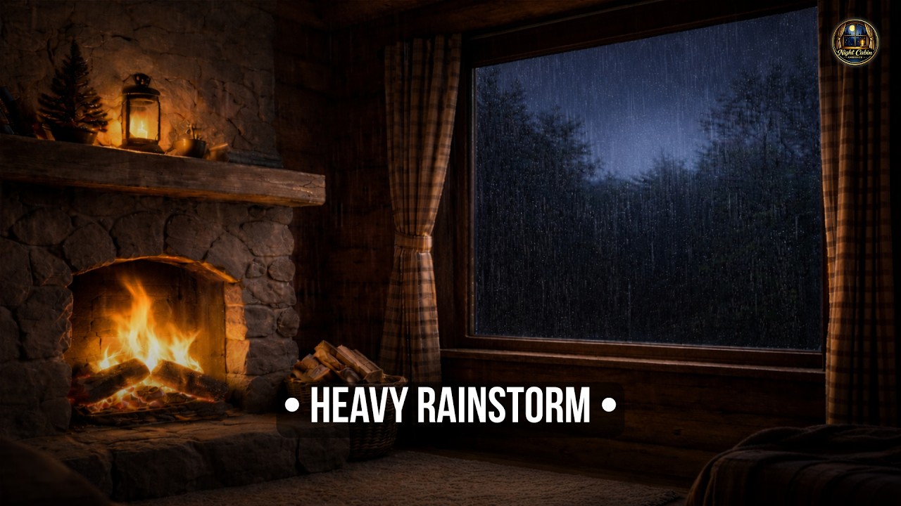 Night Cabin Ambience • Rainstorm Night Cabin Fireplace (10 Hours) Deep Sleep