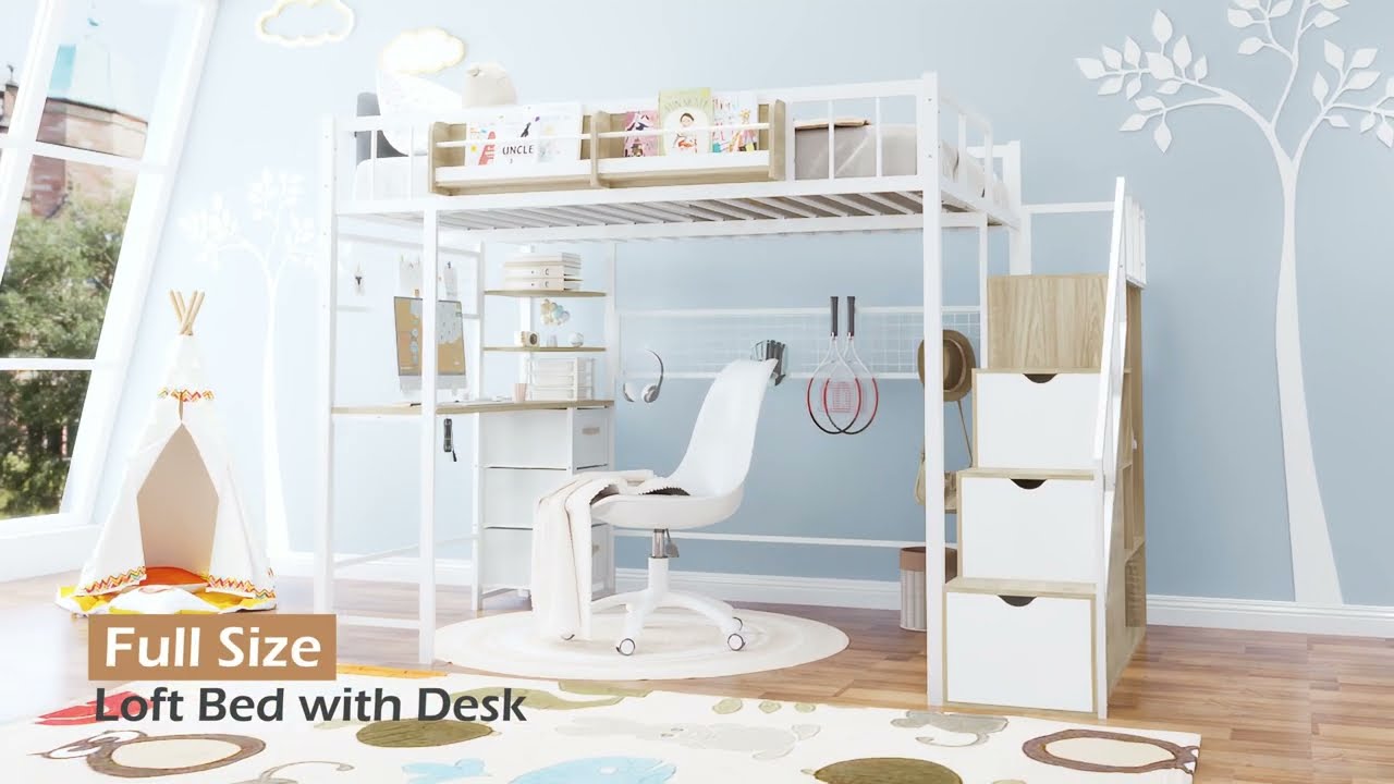 Advwin Loft Bed with Desk and Stairs