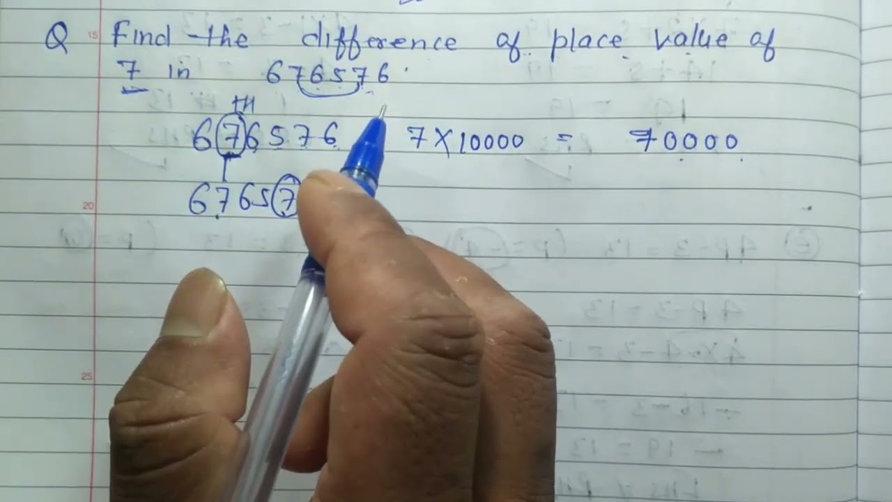 Find the difference of place value of 7 in 676576