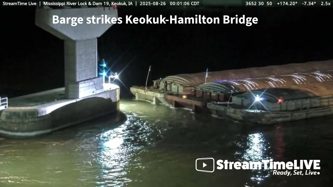 USE OF THIS VIDEO IS STRICTLY PROHIBITED:  Barge strikes Keokuk-Hamilton Bridge 08/26/25